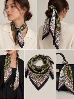 Mango Olive Paisley Silk-Feel Square Scarf